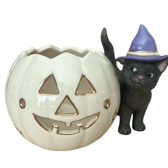 Lenox Halloween Cat Votive Pumpkin Candle Holder Witch Hat Gold Accent - Picture 4 of 8